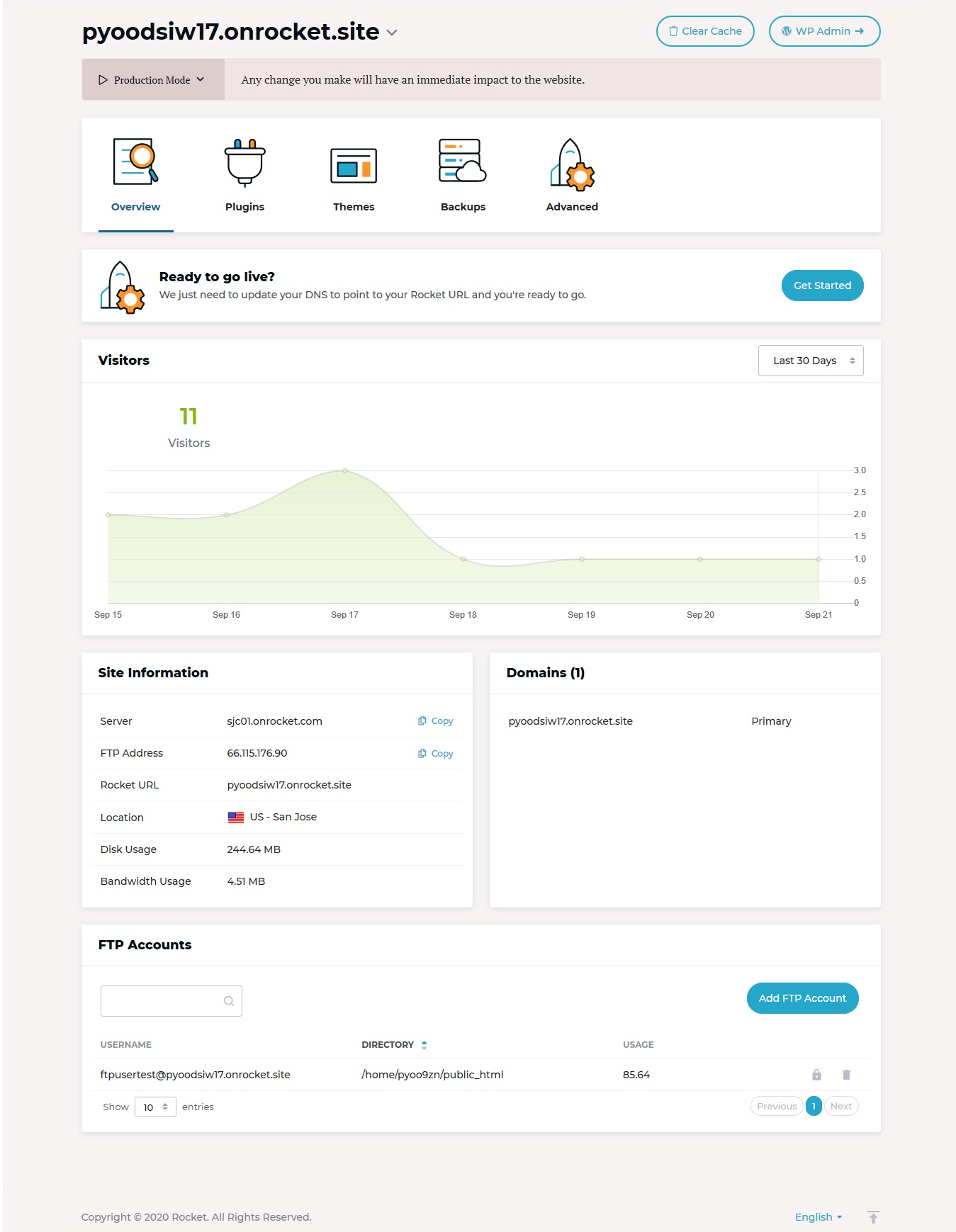 rocket dashboard - managing a site