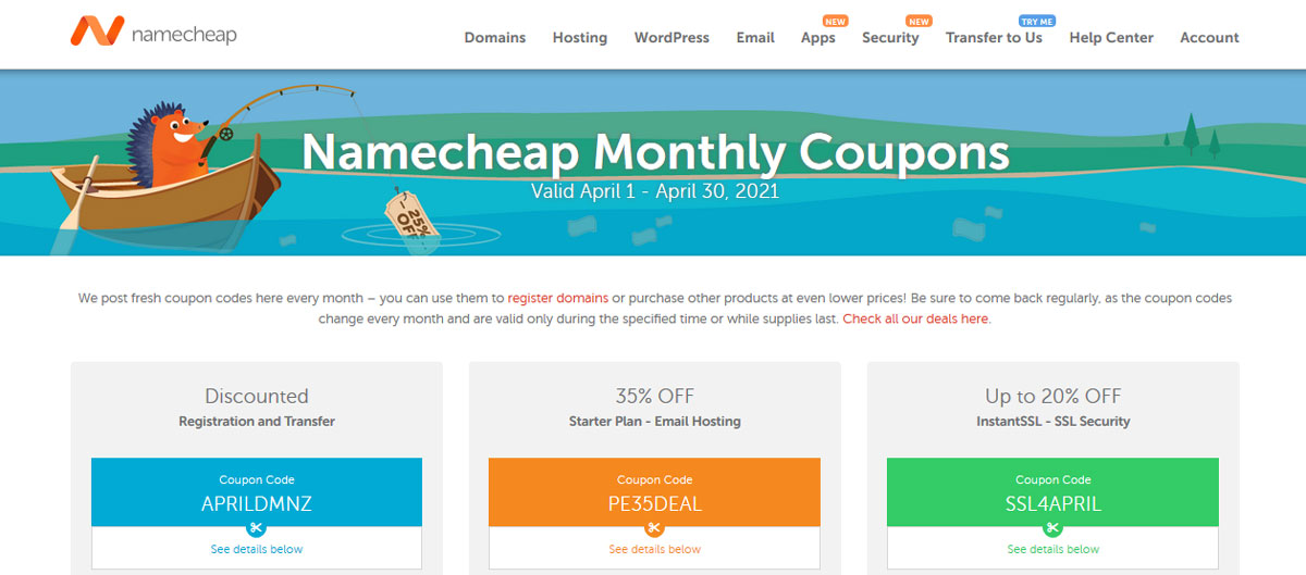 namecheap coupons page