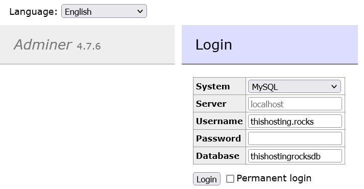 adminer login page